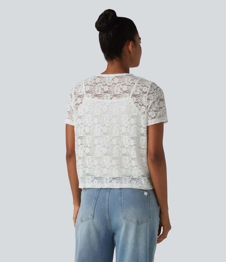 Round Neck Short Sleeve Lace 2-in-1 Casual T-Shirt