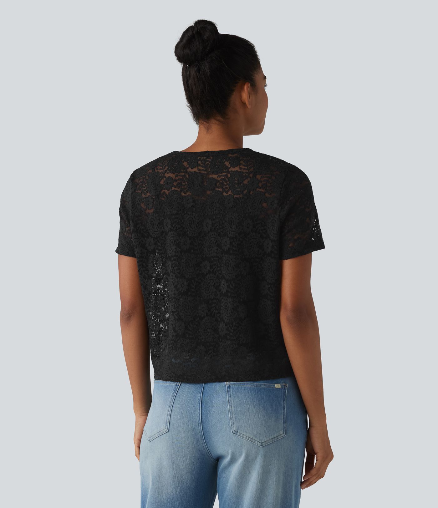 Round Neck Short Sleeve Lace 2-in-1 Casual T-Shirt