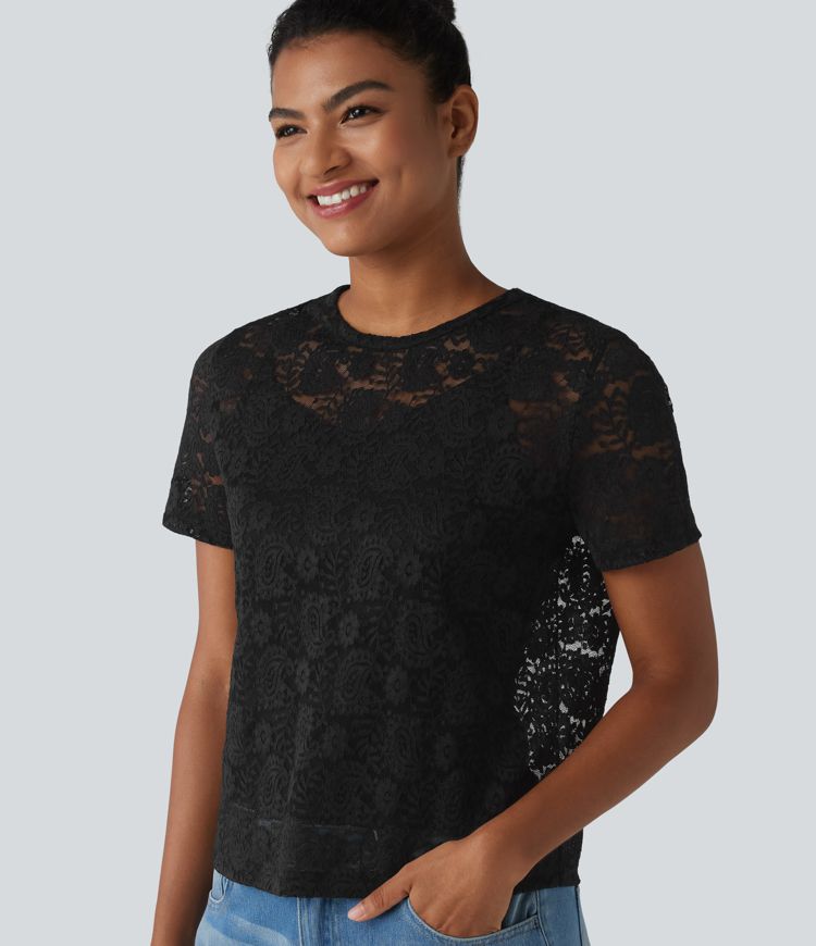 Round Neck Short Sleeve Lace 2-in-1 Casual T-Shirt