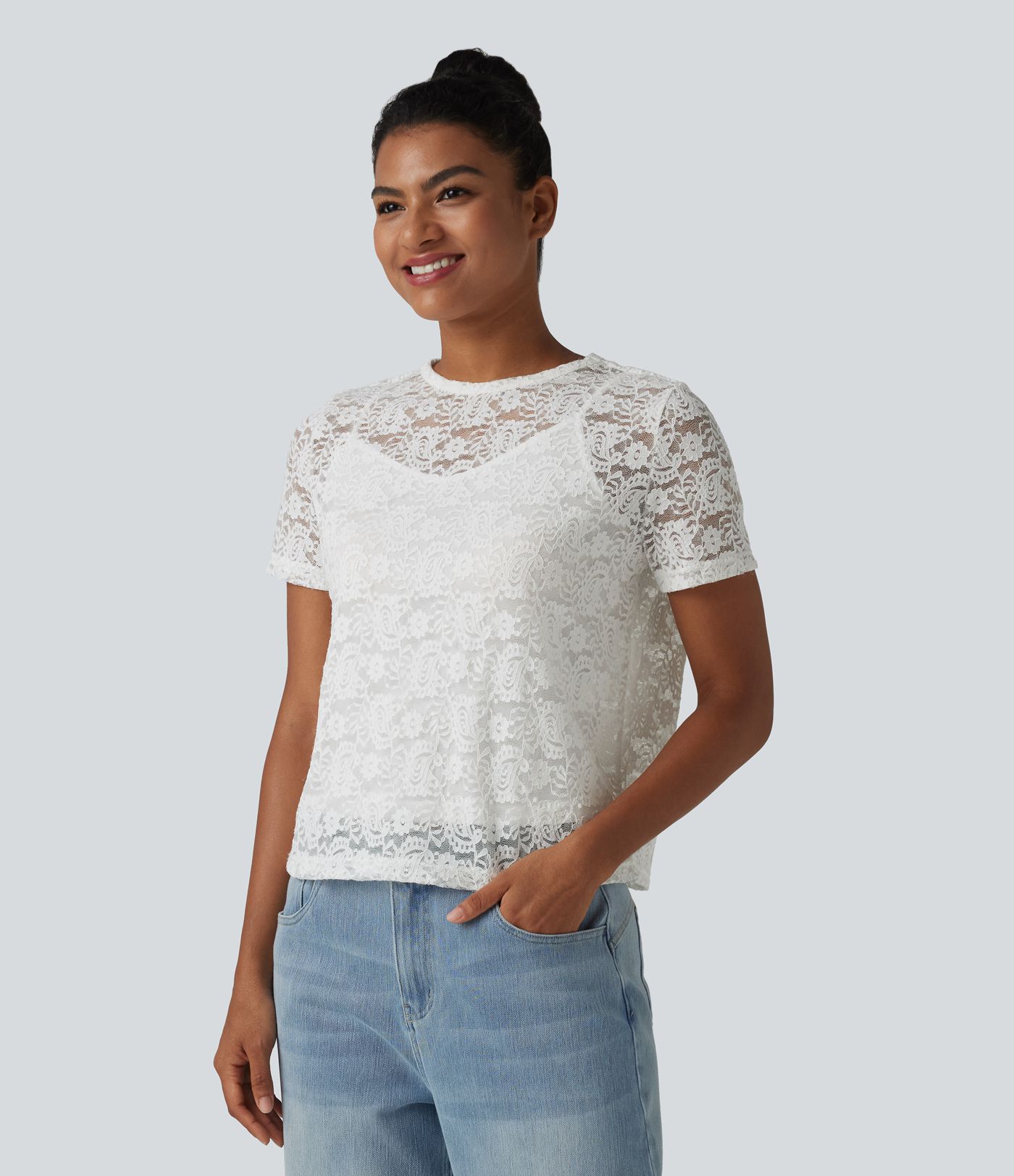 Round Neck Short Sleeve Lace 2-in-1 Casual T-Shirt