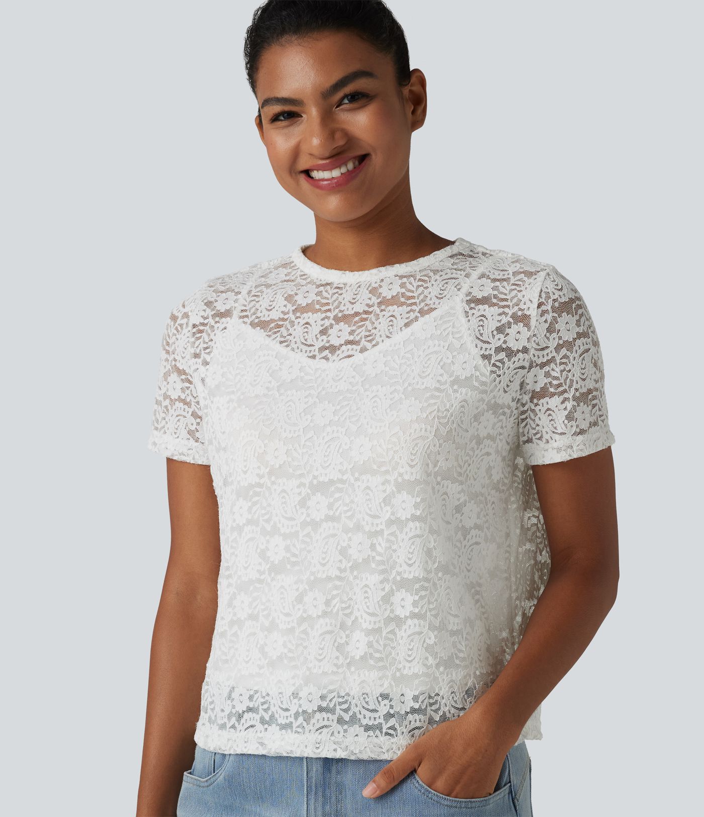 Round Neck Short Sleeve Lace 2-in-1 Casual T-Shirt