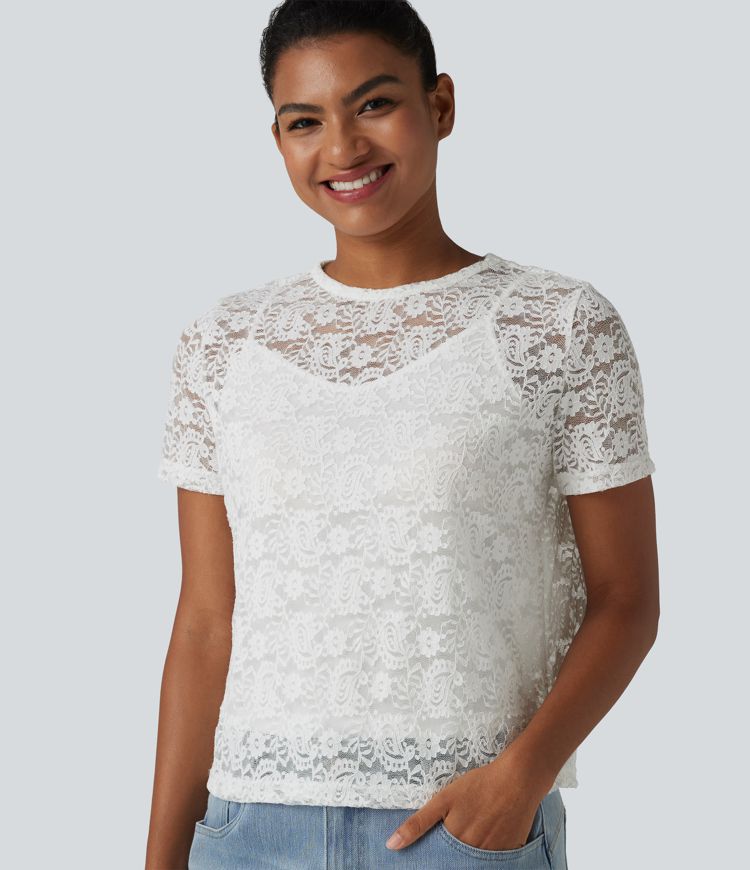 Round Neck Short Sleeve Lace 2-in-1 Casual T-Shirt