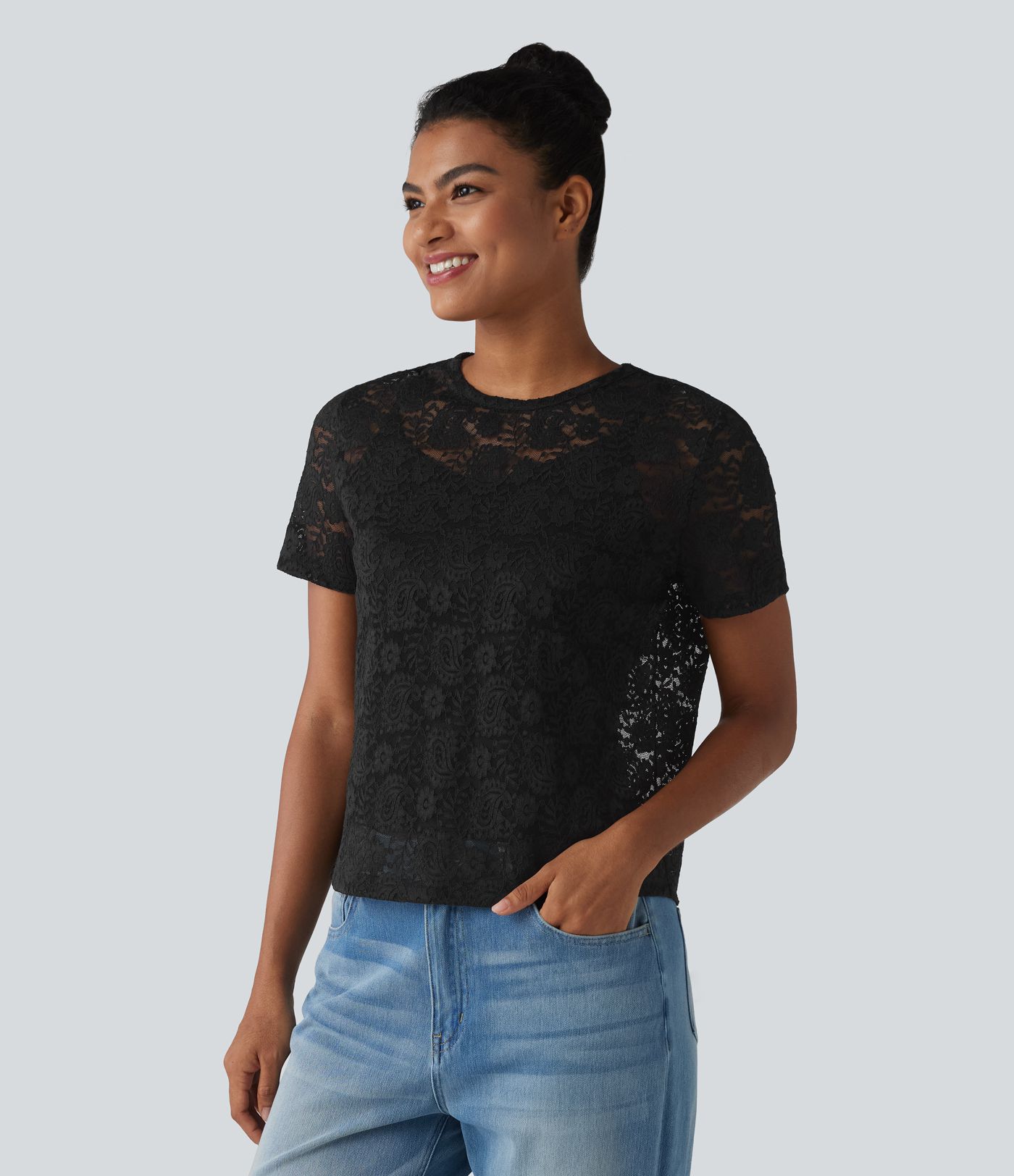 Round Neck Short Sleeve Lace 2-in-1 Casual T-Shirt