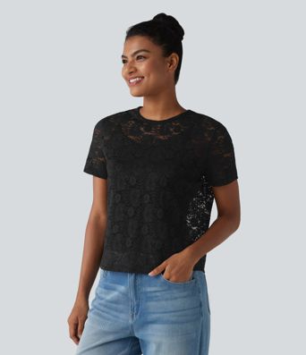 Round Neck Short Sleeve Lace 2-in-1 Casual T-Shirt