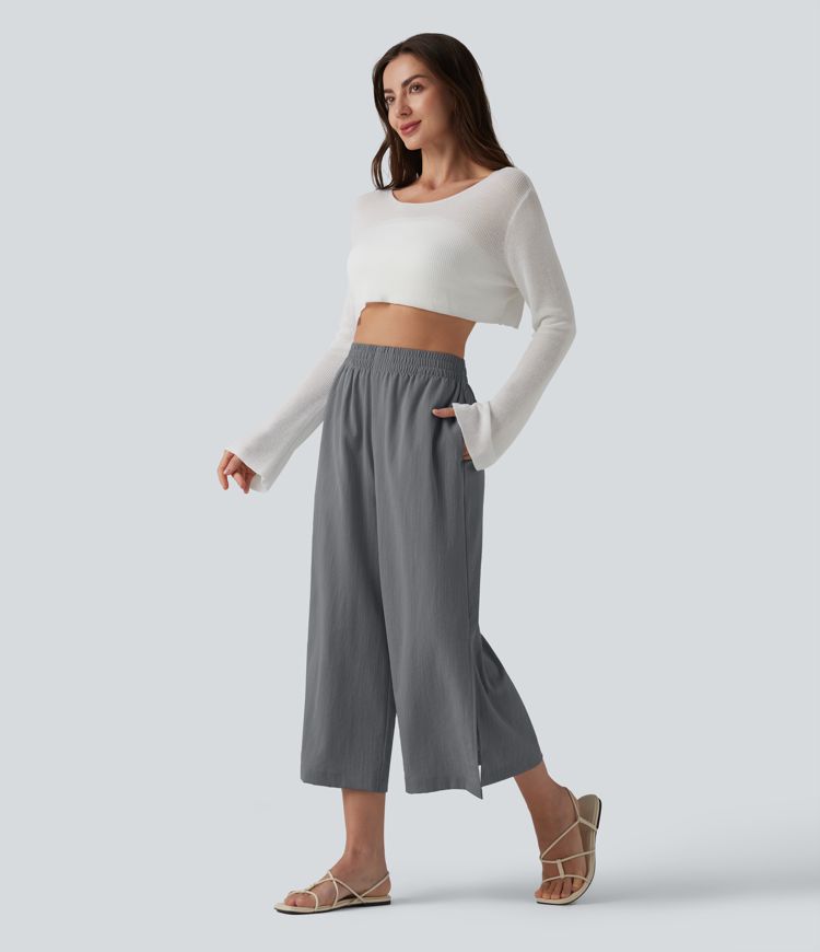 Pantalon ample court taille haute aspect lin avec fentes et poches Pantalon ample court taille haute aspect lin avec fentes et poches