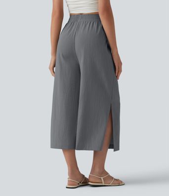 Pantalon ample court taille haute aspect lin avec fentes et poches Pantalon ample court taille haute aspect lin avec fentes et poches