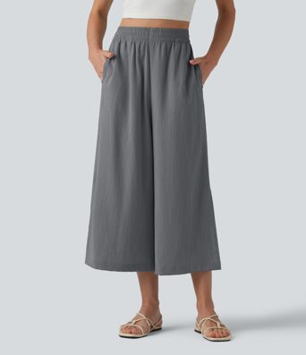 Pantalon ample court taille haute aspect lin avec fentes et poches Pantalon ample court taille haute aspect lin avec fentes et poches
