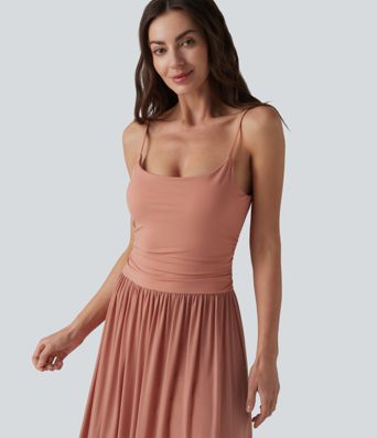 Adjustable Straps Ruched Contrast Mesh Built-in Bra Maxi Casual Flowy Slip Dress