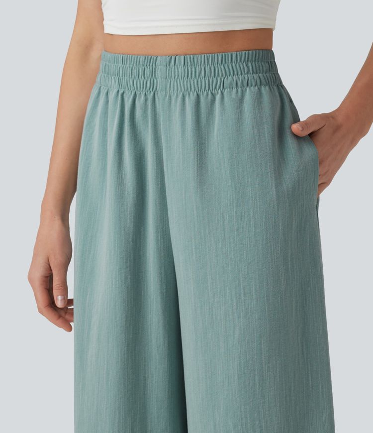 Pantalon court ample et décontracté taille haute effet lin, à fentes, avec poches