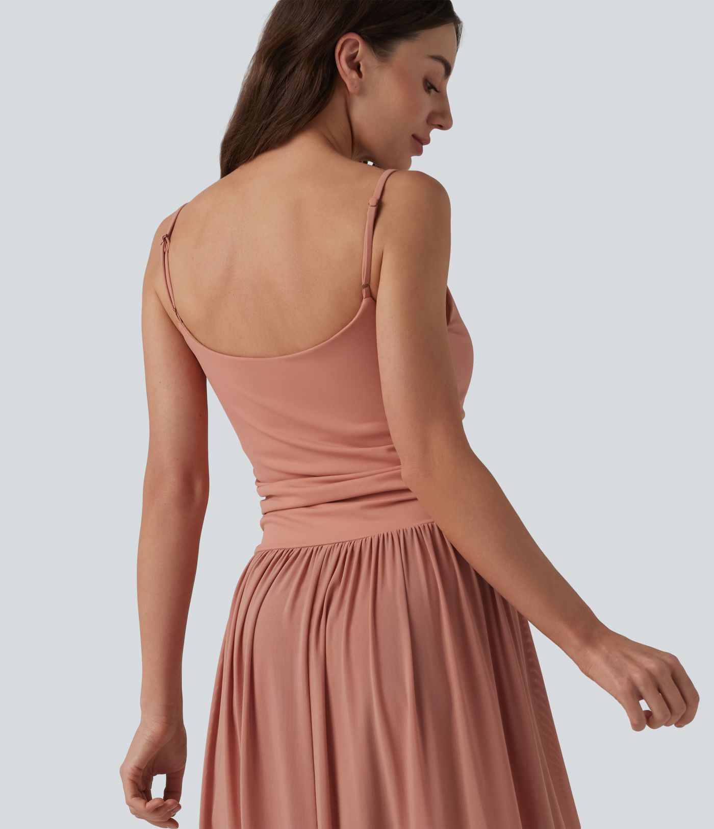 Adjustable Straps Ruched Contrast Mesh Built-in Bra Maxi Casual Flowy Slip Dress