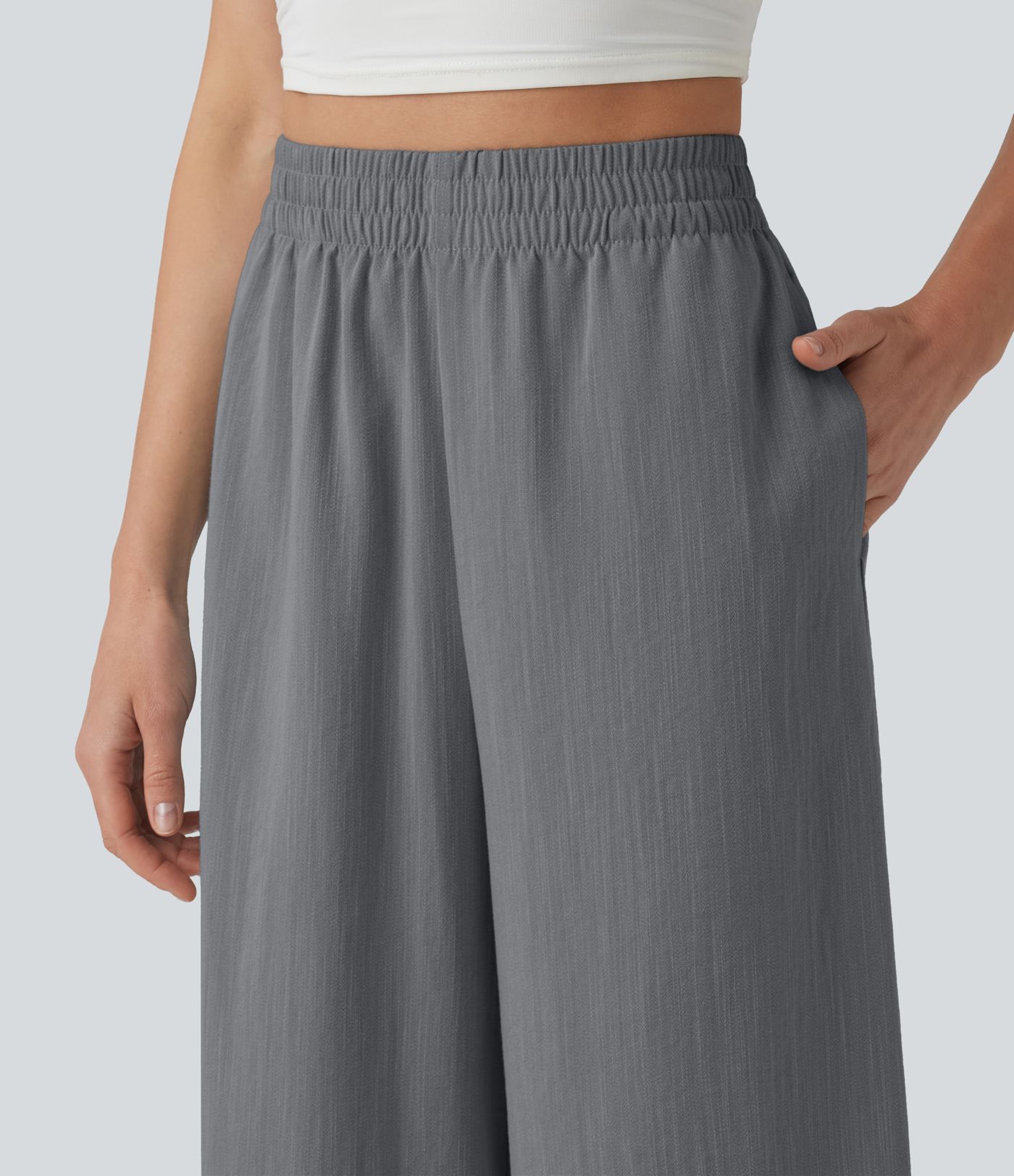 Pantalon ample court taille haute aspect lin avec fentes et poches Pantalon ample court taille haute aspect lin avec fentes et poches