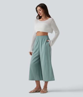 Pantalon court ample et décontracté taille haute effet lin, à fentes, avec poches