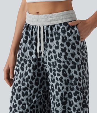 Foldover High Waisted Drawstring Leopard Waffle Casual Baggy Pants with Pockets
