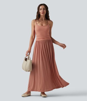 Adjustable Straps Ruched Contrast Mesh Built-in Bra Maxi Casual Flowy Slip Dress