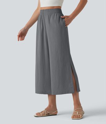 Pantalon ample court taille haute aspect lin avec fentes et poches Pantalon ample court taille haute aspect lin avec fentes et poches
