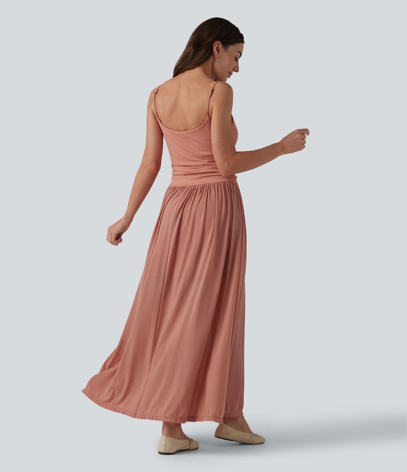 Adjustable Straps Ruched Contrast Mesh Built-in Bra Maxi Casual Flowy Slip Dress