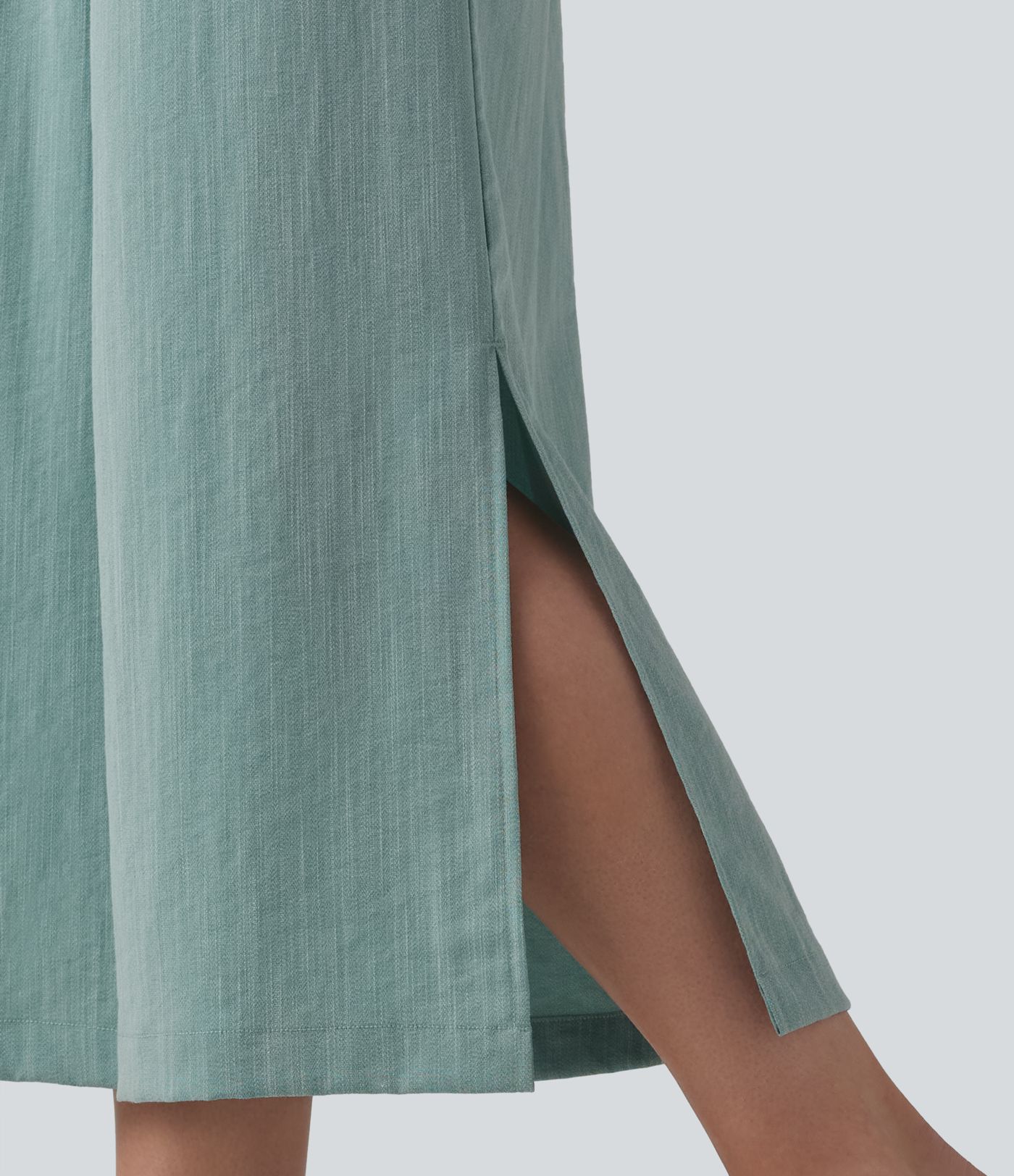 Pantalon court ample et décontracté taille haute effet lin, à fentes, avec poches