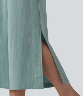 Pantalon court ample et décontracté taille haute effet lin, à fentes, avec poches