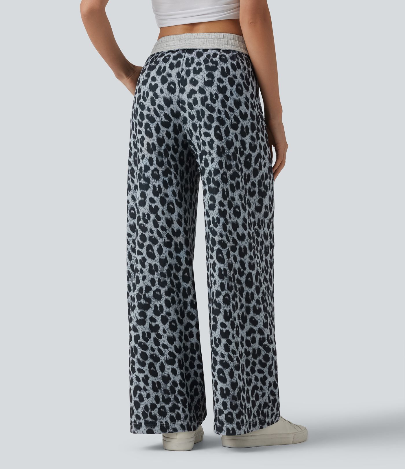 Foldover High Waisted Drawstring Leopard Waffle Casual Baggy Pants with Pockets