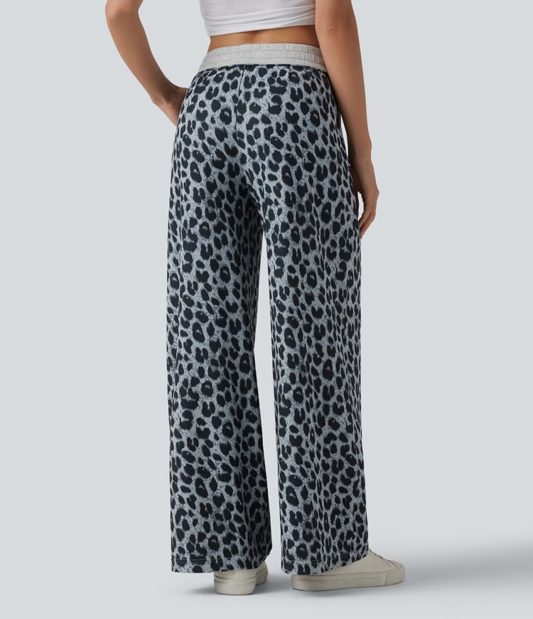 Foldover High Waisted Drawstring Leopard Waffle Casual Baggy Pants with Pockets