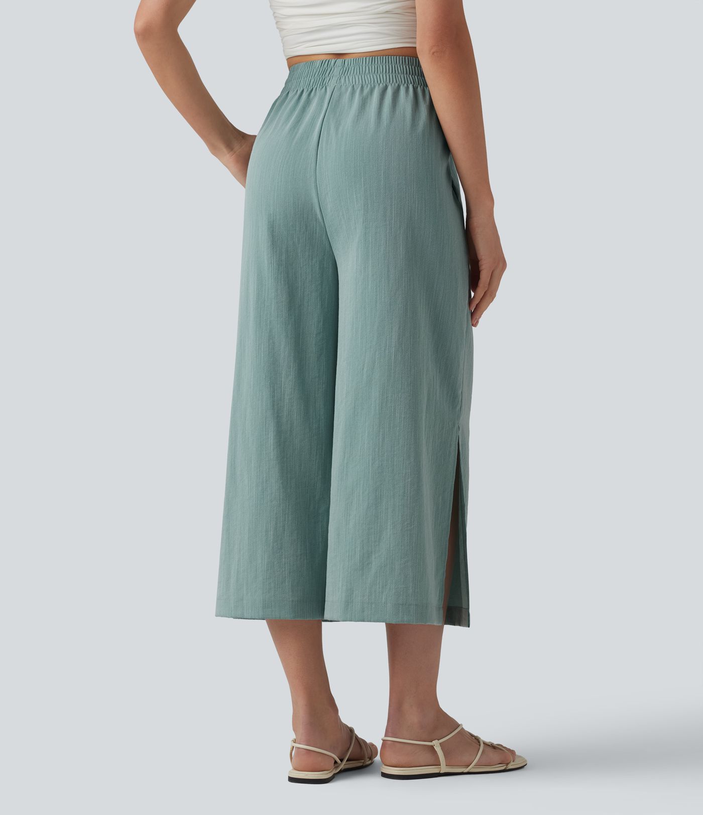 Pantalon court ample et décontracté taille haute effet lin, à fentes, avec poches