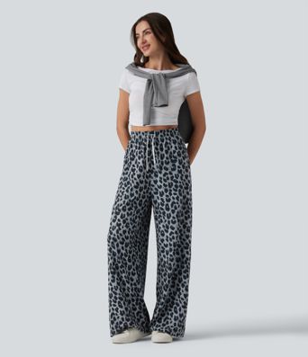 Foldover High Waisted Drawstring Leopard Waffle Casual Baggy Pants with Pockets