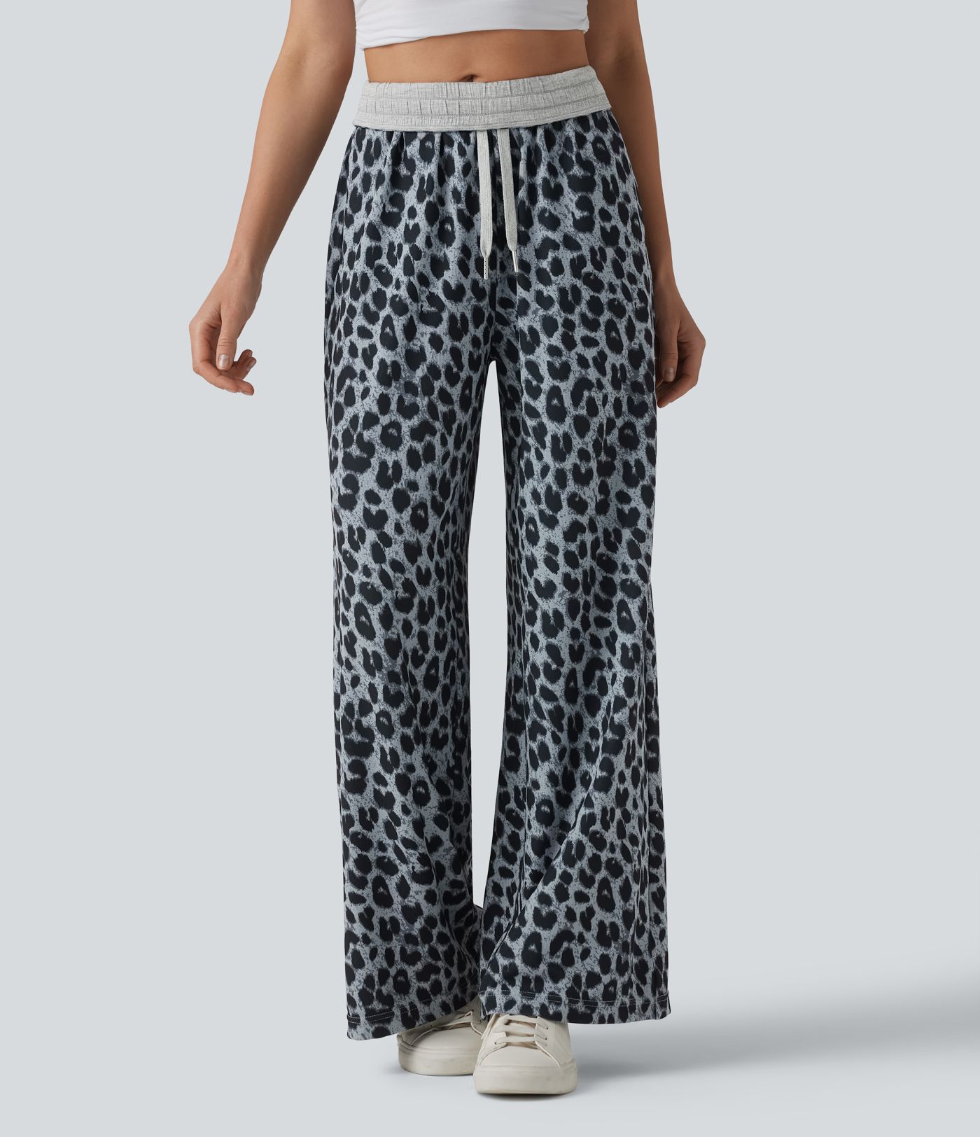 Foldover High Waisted Drawstring Leopard Waffle Casual Baggy Pants with Pockets
