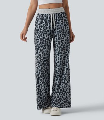 Foldover High Waisted Drawstring Leopard Waffle Casual Baggy Pants with Pockets