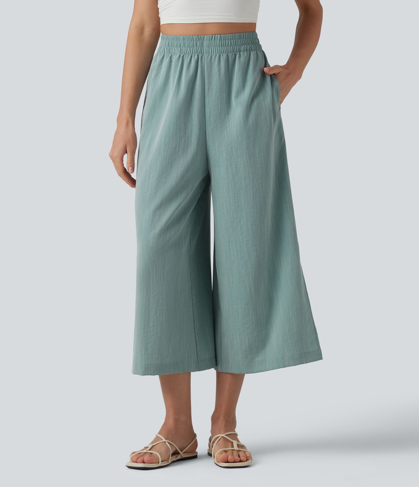 Pantalon court ample et décontracté taille haute effet lin, à fentes, avec poches