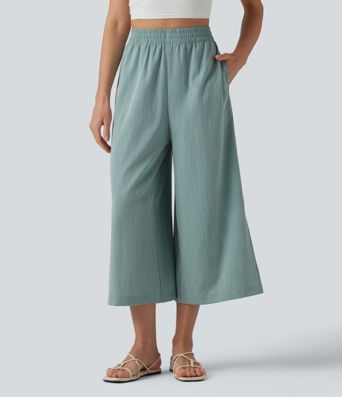 Pantalon court ample et décontracté taille haute effet lin, à fentes, avec poches