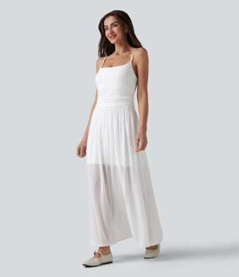 Adjustable Straps Ruched Contrast Mesh Built-in Bra Maxi Casual Flowy Slip Dress