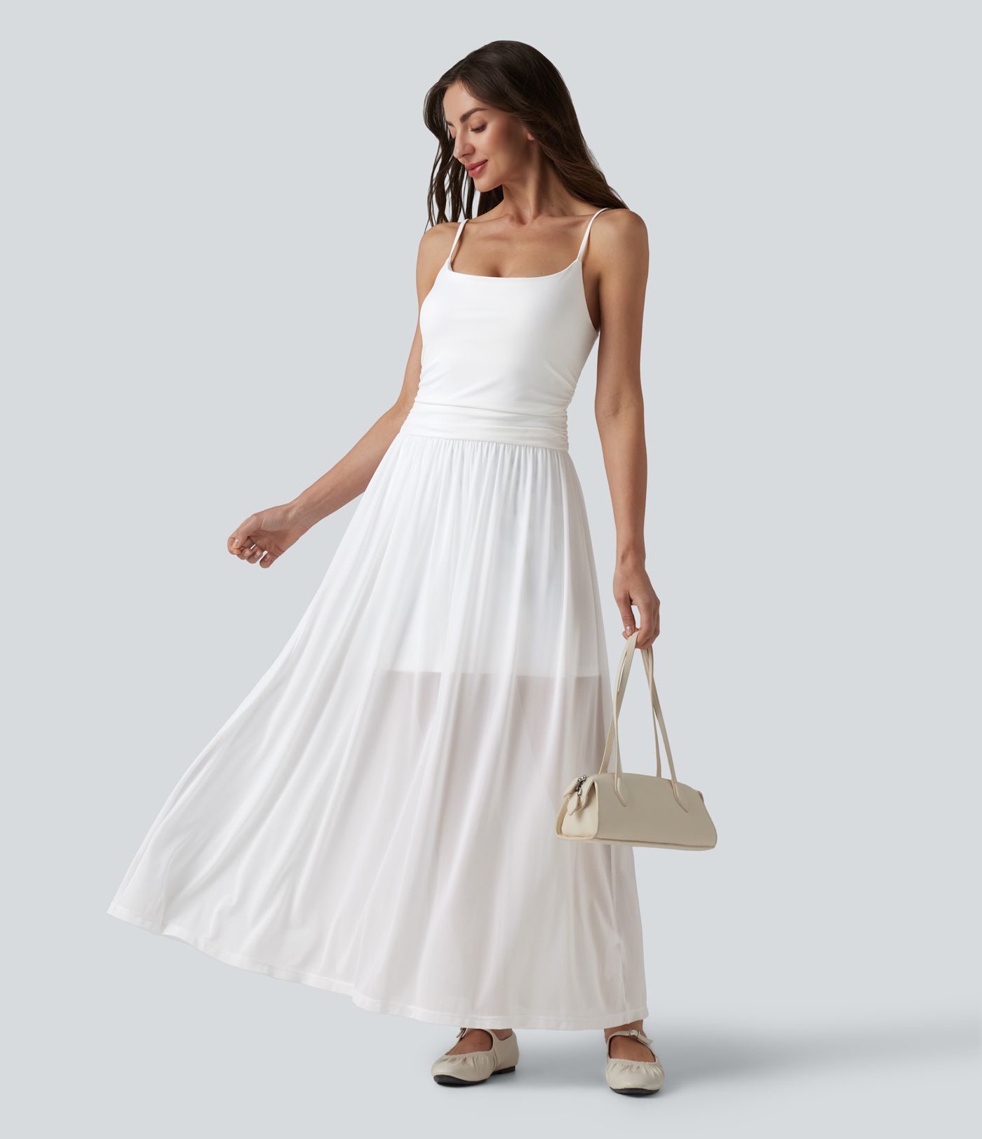 Adjustable Straps Ruched Contrast Mesh Built-in Bra Maxi Casual Flowy Slip Dress