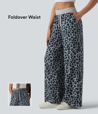 Foldover High Waisted Drawstring Leopard Waffle Casual Baggy Pants with Pockets
