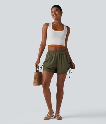 Shorts aus geripptem Strick mit mittelhohem Bund, Seitentaschen, Kordelzug und Wellensaum - 10,2 cm