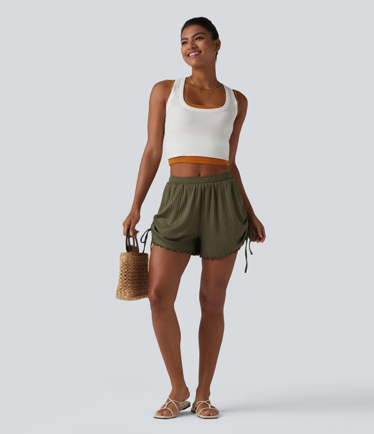 Shorts aus geripptem Strick mit mittelhohem Bund, Seitentaschen, Kordelzug und Wellensaum - 10,2 cm