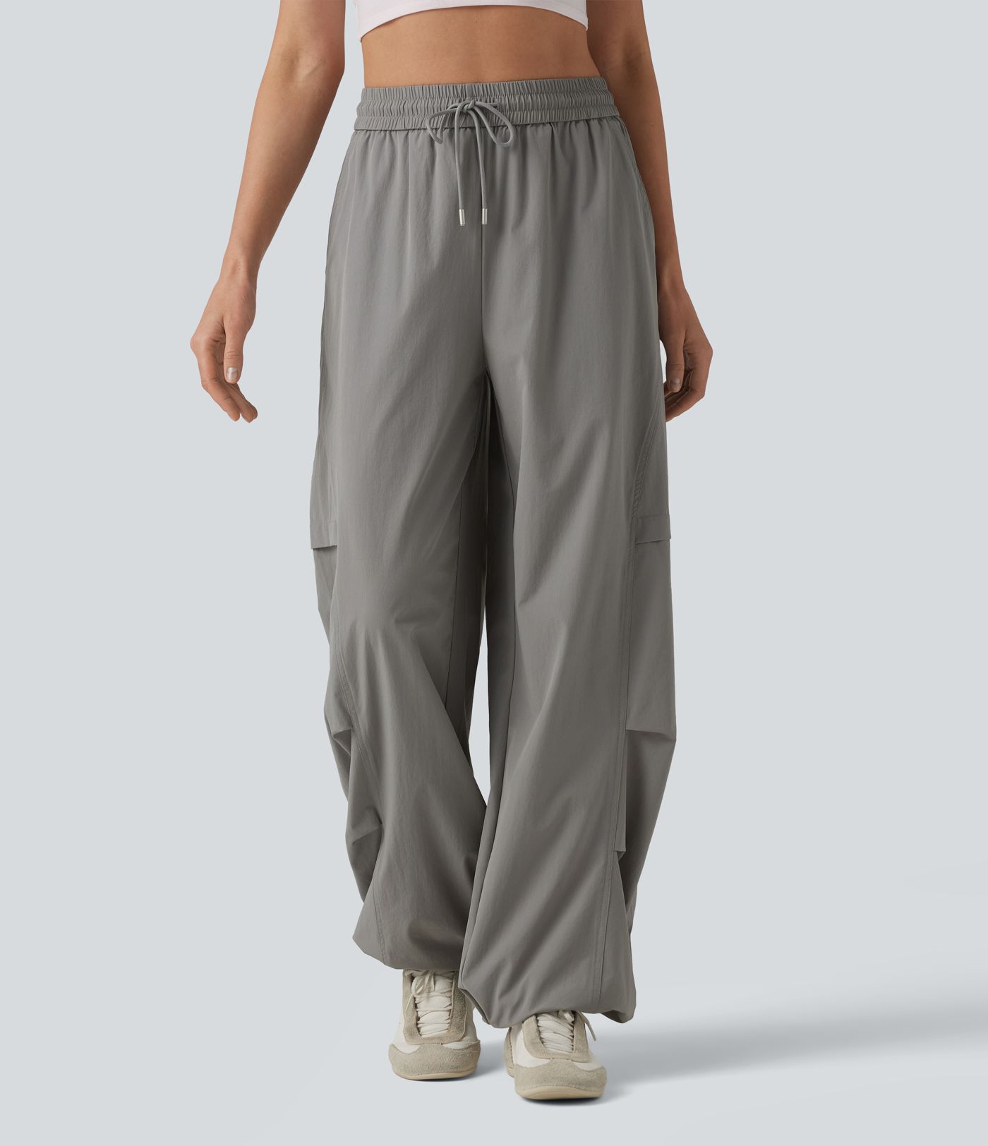 Pantalon parachute décontracté taille haute avec cordon de serrage et poches Pantalon parachute décontracté taille haute avec cordon de serrage et poches