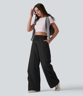 Lässige Fallschirmhose mit hohem Bund, mehreren Taschen und Kordelzug