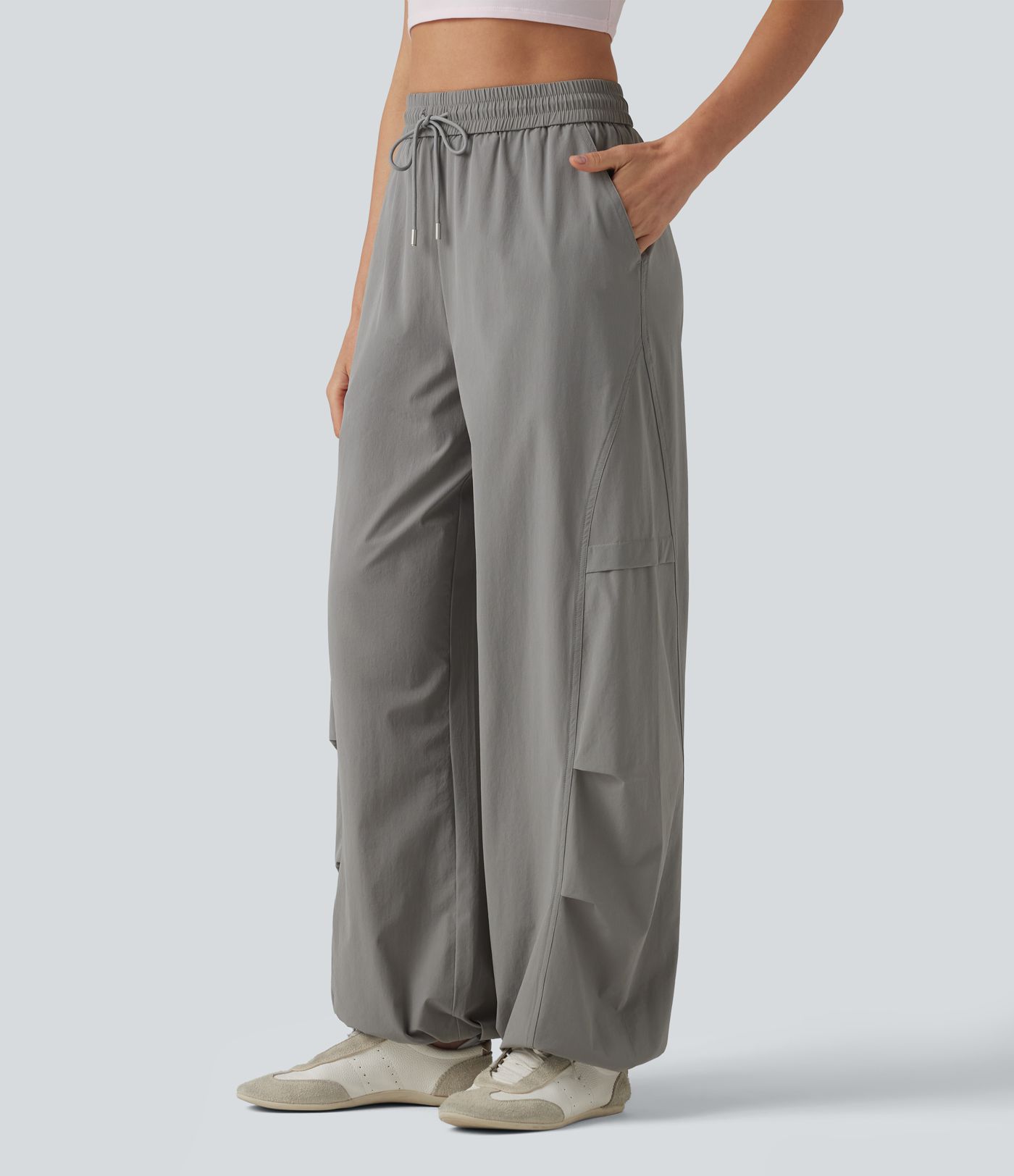 Pantalon parachute décontracté taille haute avec cordon de serrage et poches Pantalon parachute décontracté taille haute avec cordon de serrage et poches