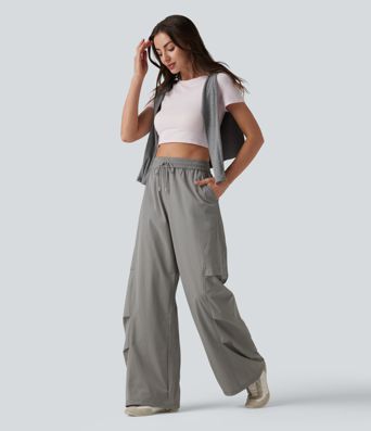 Pantalon parachute décontracté taille haute avec cordon de serrage et poches Pantalon parachute décontracté taille haute avec cordon de serrage et poches