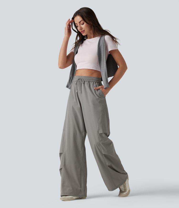 Pantalon parachute décontracté taille haute avec cordon de serrage et poches Pantalon parachute décontracté taille haute avec cordon de serrage et poches