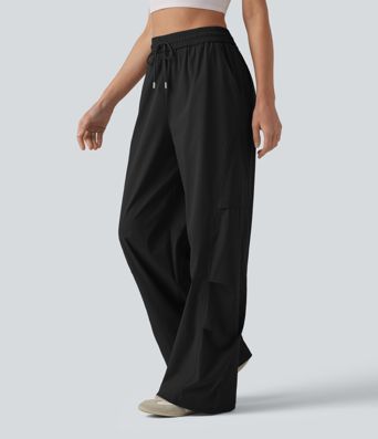Lässige Fallschirmhose mit hohem Bund, mehreren Taschen und Kordelzug