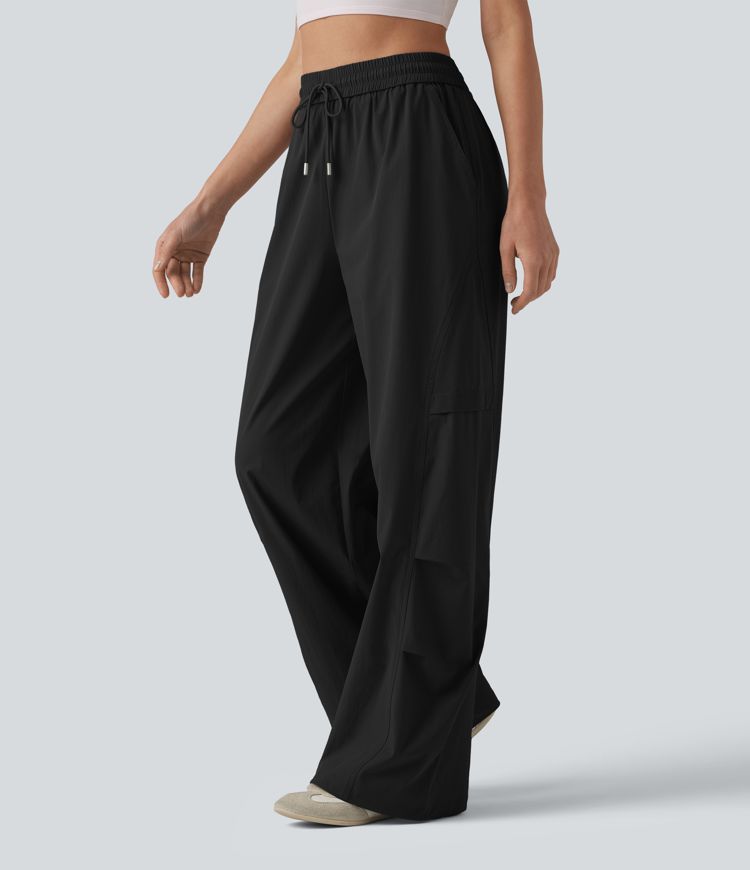 Lässige Fallschirmhose mit hohem Bund, mehreren Taschen und Kordelzug