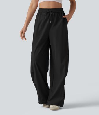 Lässige Fallschirmhose mit hohem Bund, mehreren Taschen und Kordelzug