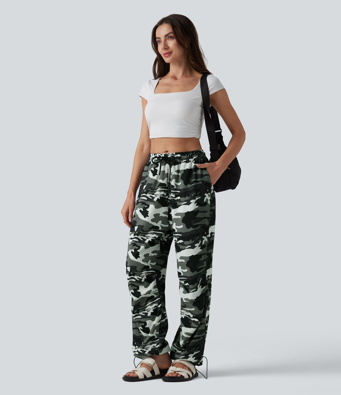 Mid Rise Drawstring Camo Casual Cargo Baggy Pants with Pockets Mid Rise Drawstring Camo Casual Cargo Baggy Pants with Pockets