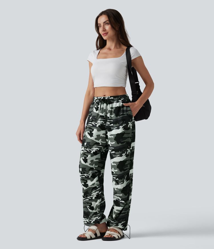 Mid Rise Drawstring Camo Casual Cargo Baggy Pants with Pockets Mid Rise Drawstring Camo Casual Cargo Baggy Pants with Pockets