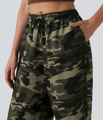 Casual wide-leg camouflage cargo pants with mid-rise waist, drawstring, and pockets