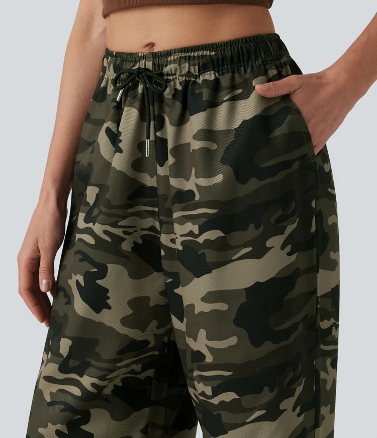 Casual wide-leg camouflage cargo pants with mid-rise waist, drawstring, and pockets