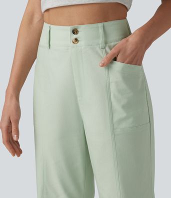 High Waisted Cotton Linen Casual Straight Leg Pants with Pockets