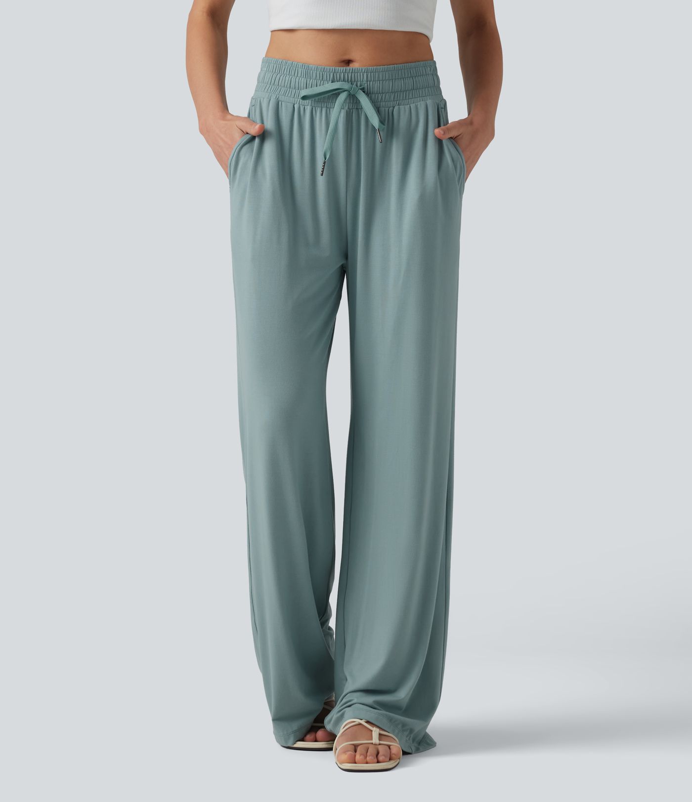 Mid Rise Drawstring Casual Baggy Pants with Pockets Mid Rise Drawstring Casual Baggy Pants with Pockets