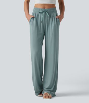 Mid Rise Drawstring Casual Baggy Pants with Pockets Mid Rise Drawstring Casual Baggy Pants with Pockets